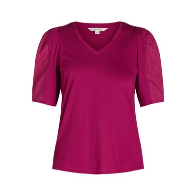 Pioneer Woman Womens Top 2X Dark Fuchsia Puff Sleeve Cotton Knit V-Neck Pullover
