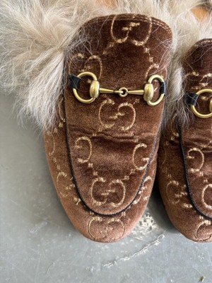 ま*迎様 美品　GUCCI　プリンスタウン　クーリエ　スリッパ　ミュール　ファー Authentic GUCCI WMNS Brown Velvet Princetown Fur Mule Loafers Sz