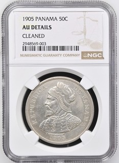 1905 Panama 50 C Silver Coin NGC AU DETAILS CLEANED
