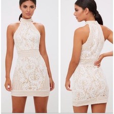 PrettyLittleThing Dress White Lace Halter Sleeveless Mini Women's US 8