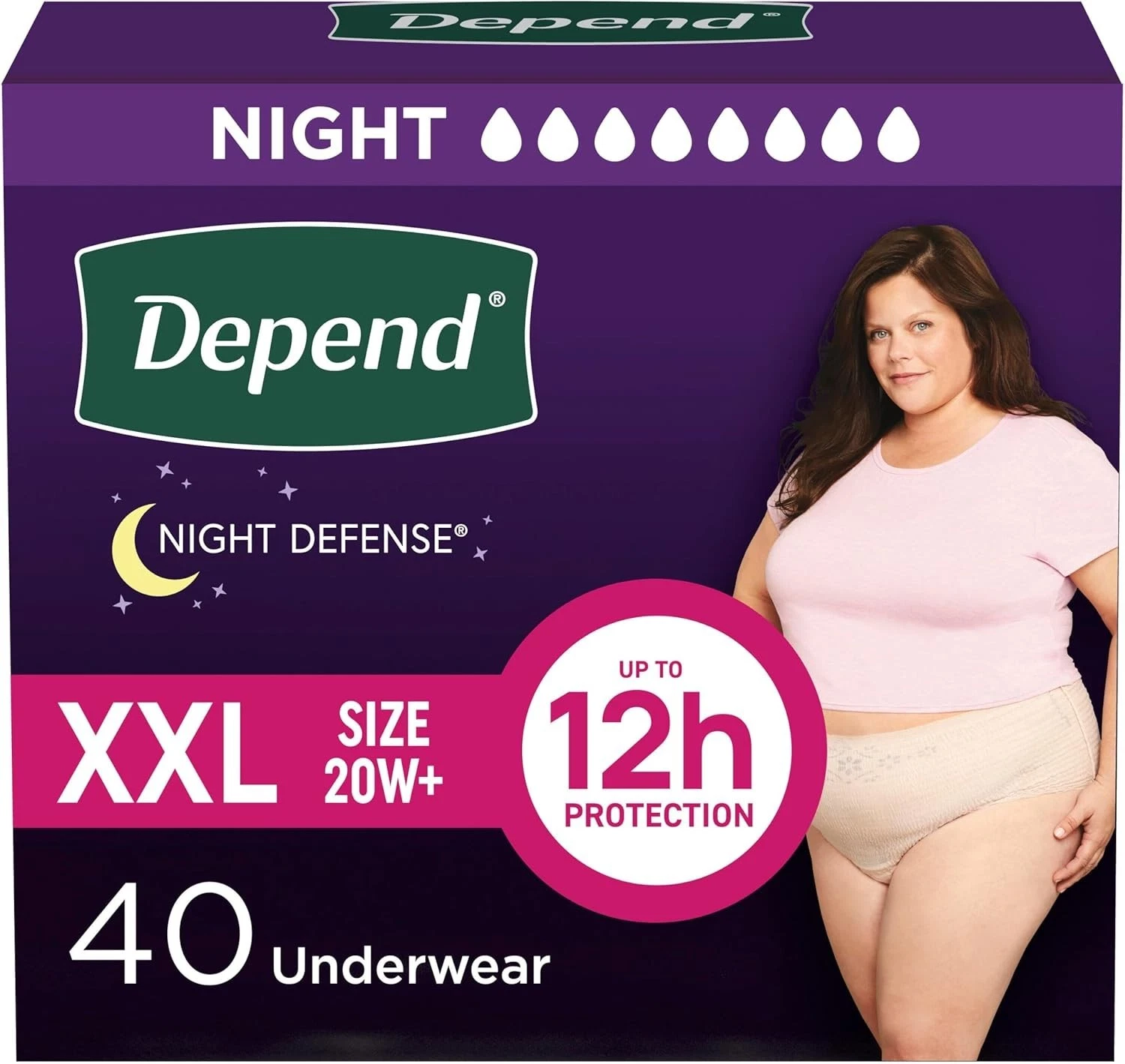 Depend Night Defense Adult Diapers Overnight, Extra-Extra-Large, Blush, 40 Count