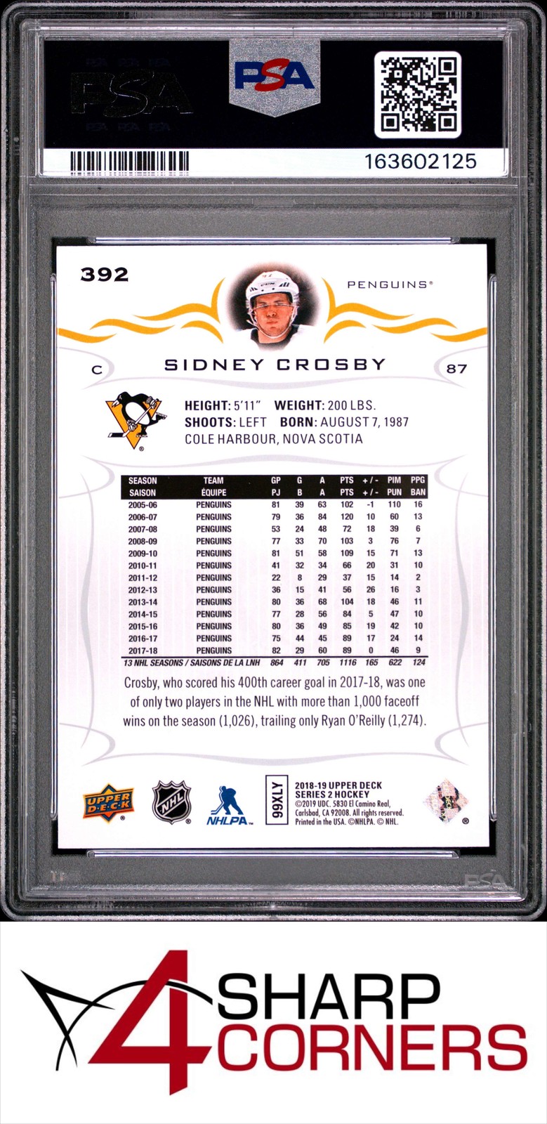 2018 UPPER DECK #392 SIDNEY CROSBY PENGUINS POP 6 PSA 9 view 2