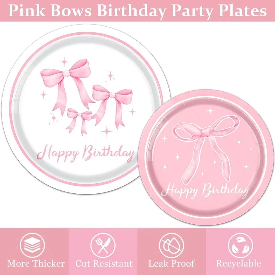 Pink Bow Birthday Party Supplies for Girls – Serves 24, Plates, Cups, Napkins - Image 3 of 4