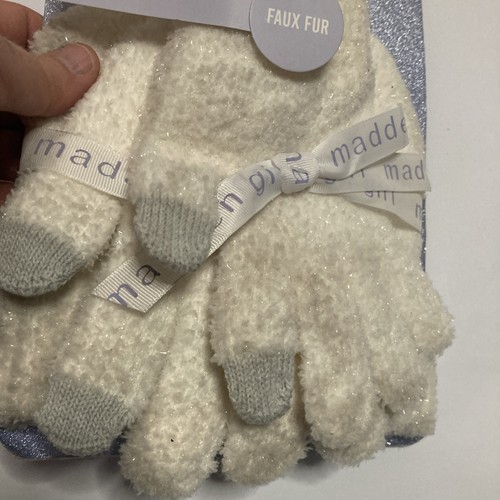 Madden Girl Beanie And Gloves Ivory Faux Fur with Sparkles New (but dirty) - Picture 7 of 8