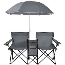 Portable Folding Picnic Double Chair W/Umbrella Table Cooler Beach Camping Gray
