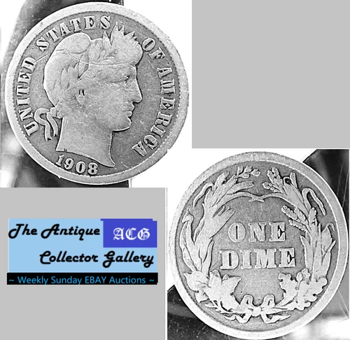 Antique 1908⌛US Philadelphia Mint Silver Barber Dime🪙Part Liberty🪙