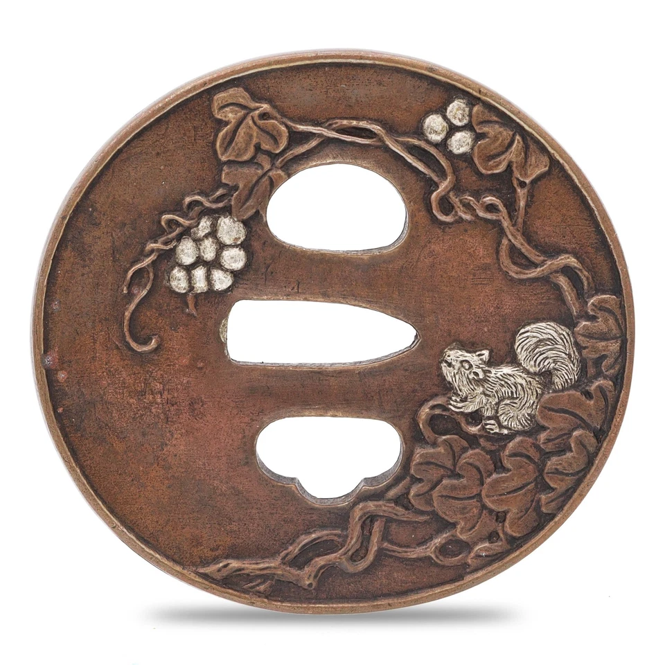 Sword Guard Tsuba Brass Squirrel Pine Tree - Image 3 of 4