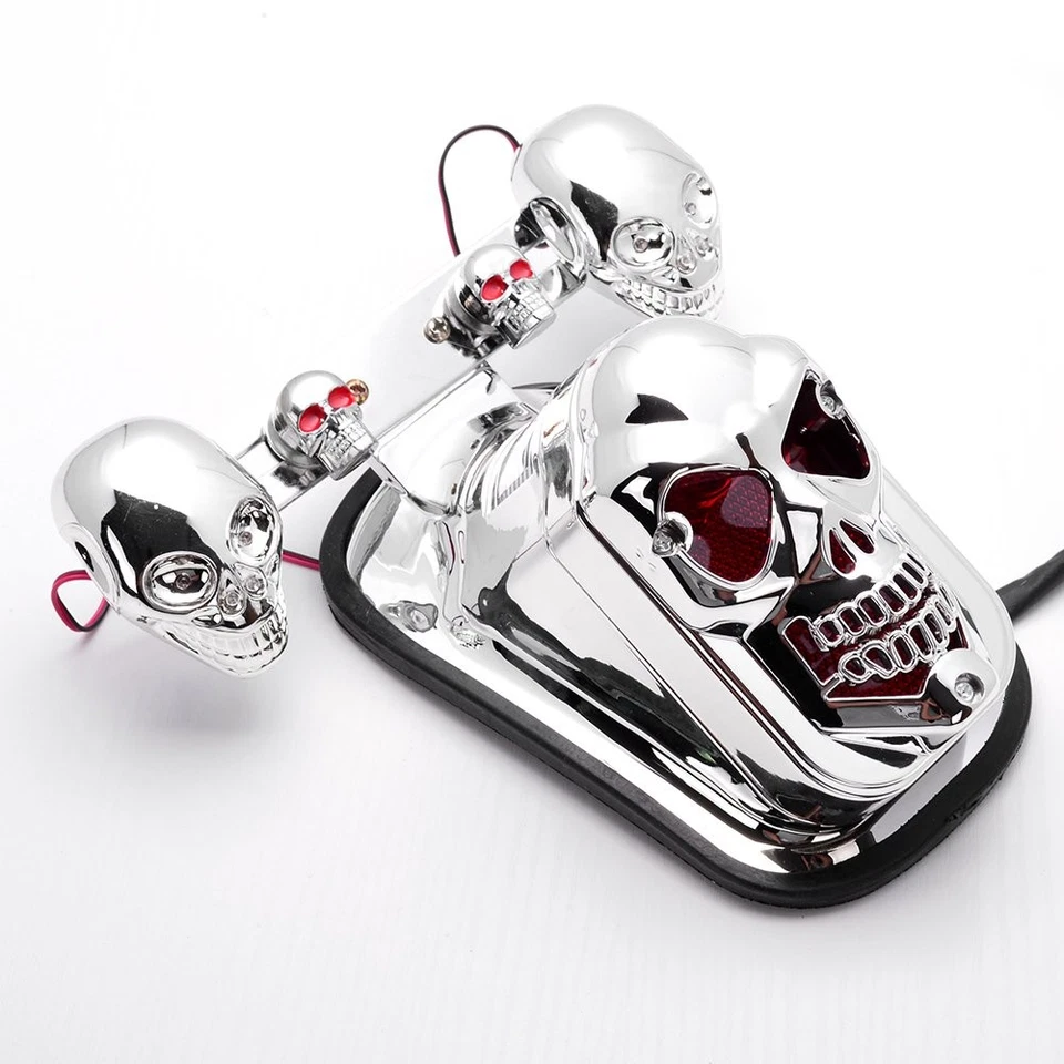Chrome Motorcycle Skull Tail Light Brake Stop Lamp w/LED Signal for Harley Honda - Image 3 of 4