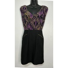 Shoshanna Silk Blend Colorblock Dress Size 2 Black Purple Geometric Print Goth