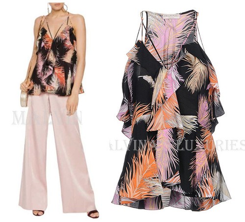 EMILIO PUCCI TOP RUFFLED FEATHER PRINT SILK CREPE CUTOUT $920 sz IT 38 US 2
