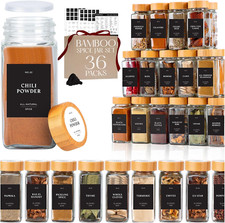 Glass Spice Jars with Label with Bamboo Lids 36 Pack Black Labels Set, 4Oz Clear