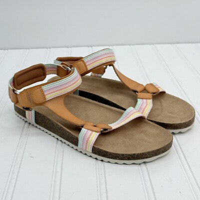Cat & Jack Girls Footbed Sandals Size 6 Val Open Toe Tan Rainbow Stripe Strappy
