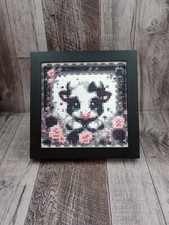 Finished Diamond Art - Baby Cow with Bow and Pink Flowers in a Black Wood Frame