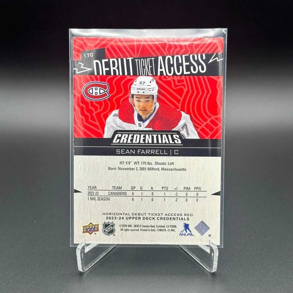 2023-24 UD Credentials SEAN FARRELL #170 Debut Ticket Access Red 109/125 - Image 2 of 4