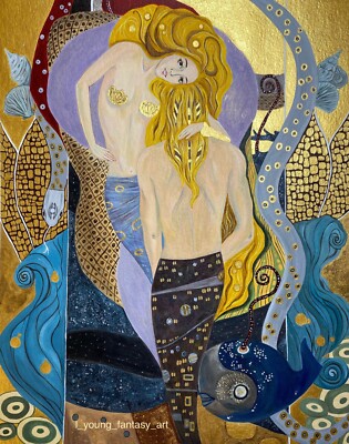 ORIGINAL 8X10 PAINTING WATER SIRENS GUSTAV KLIMT ART NOUVEAU FANTASY ART LYOUNG