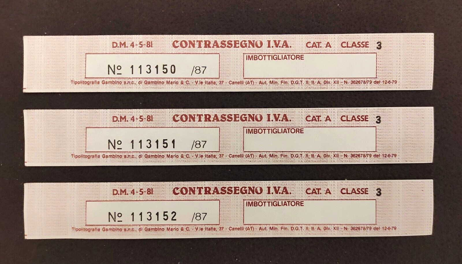 Lotto 3 Contrassegni IVA 1987 - Cat. A Classe 3 - Damigiana - storia del vino