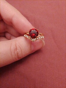 Authentic Gold Plated Ring Of Wishbone Design Good Luck Charm Red Round Cut In Central...