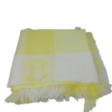 Vtg Acrylic Woven Baby Blanket Bears Pastel Yellow White Fringe Edge Soft