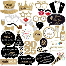 Glittery 2025 New Year's Photo Booth Props Pack of 35 for Festive Celebrations