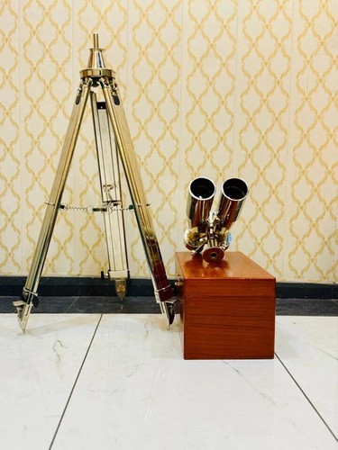 1920' Century Nautical Naval Brass Victorian Binoculars in Chrome/Nickle Tripod - Picture 8 of 13