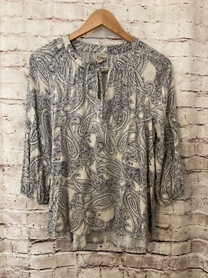 COCO Vintage Shirt Womens Small Navy Blue Paisley Tie Neck Peasant Prairie Rayon