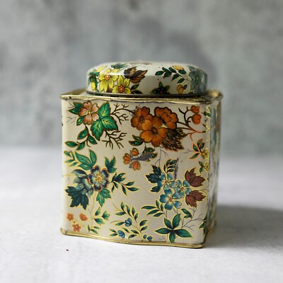 VTG DAHER Tea Tin Floral Pattern Square Canister Round Lid England