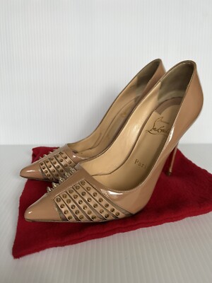 Christian Louboutin EU 35 US Baretta Studded 100mm Beige Nude/Light Gold  Heels