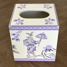 Wooden Tissue Box Cover Asian Inspired Floral Acrobat Men Monkey Lilac Purple