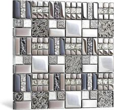 Metallic Glass Mosaic Tiles Silver Gray 100 Glass Tile Water Resistant for Kitc