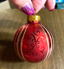 Red w Gold Glitter Blown Glass Ball Christmas Ornament 2 1/4"
