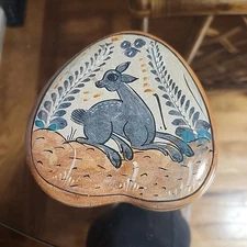 Vtg Tonala Heart Shape Clay Trinket Box Hand Painted Mexican Folk Art Deer