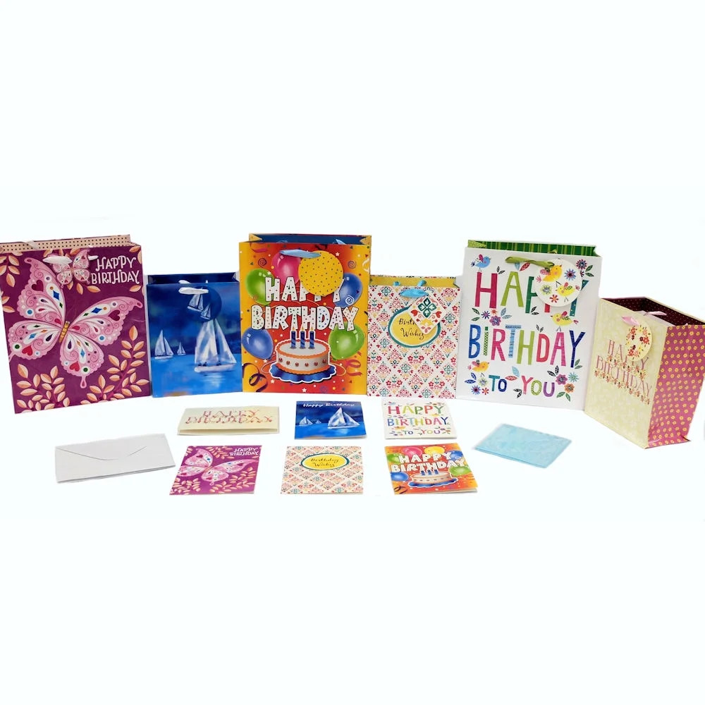 Birthday Gift Wrap Set - 6 Gift Bags, Greeting Cards, Tags - Tissue Paper