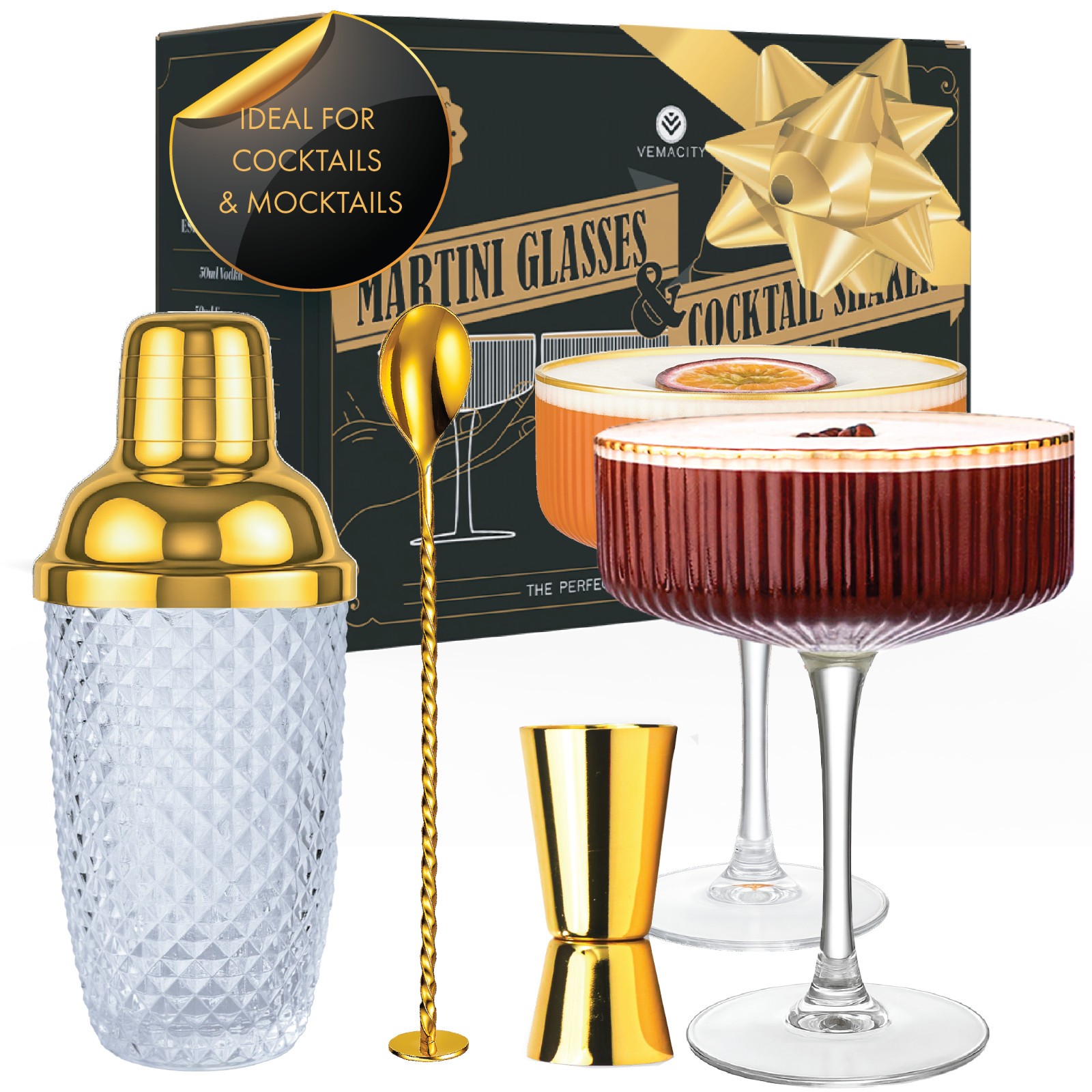 Luxury Glass Cocktail Shaker Set + Ribbed Martini Glasses with Gold Bar Tools