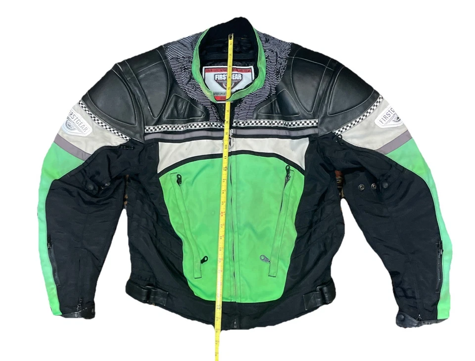 FIRST GEAR Motorcycle Leather Padded Green Black Riding Jacket Size Medium - Image 3 of 4