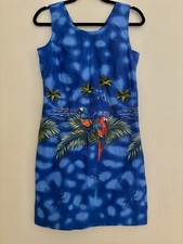 Vtg KY S Hawaiian Aloha Parrot Palms Novelty Women s Mini Dress Sz M Blue USA