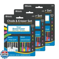BAZIC Chalk Set, Colored (12 Pcs) + White (12 Pcs) Chalks + Chalkboard Eraser