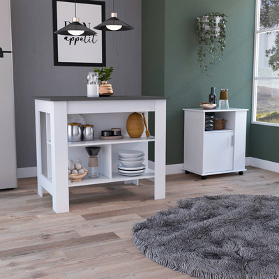 2 Piece Kitchen Set Kitchen Island + Lower Microwave Pantry Cabinet White /Onyx