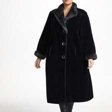 Gallery Vintage PLUS Made in USA Genuine Fur Trim Black Long Velvety Coat Sz 14
