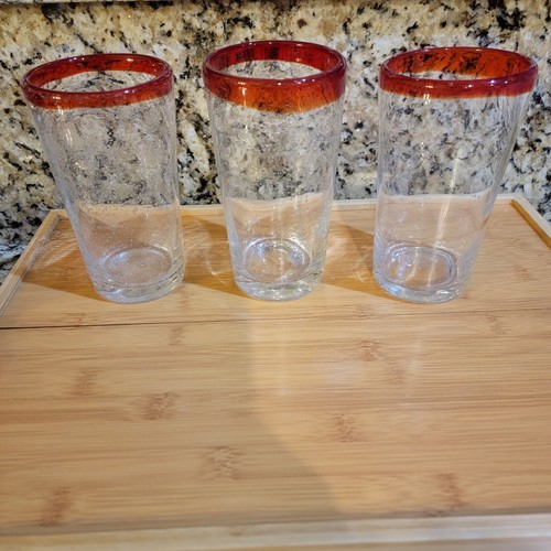 6 Mexican Heavy Hand Blown Bubble Glasses Red Tumblers Old Fashion Set - Picture 9 of 13