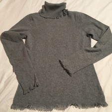 Magaschoni Medium 00 Cashmere Sweater Grey Turtleneck Fringed Hem/Sleeves