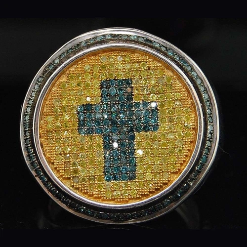 1 Ct Blue & Yellow Diamond 14K White Gold Plated Statement Cross Pinky Mens Ring