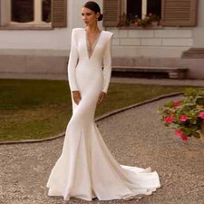 Customized Satin Mermaid Wedding Dress Bridal Gown Robes Deep VNeck Floor Length