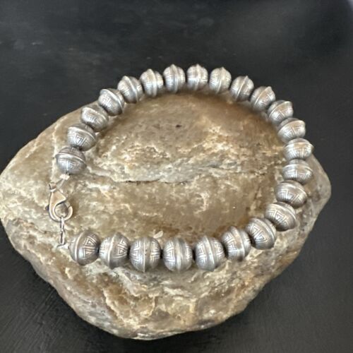 Handgefertigt gestempelt Navajo Perlen 8 mm Perlen 8"" Sterlingsilber Armband 17446 - Bild 1 von 13