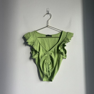zara green ruffle crop top