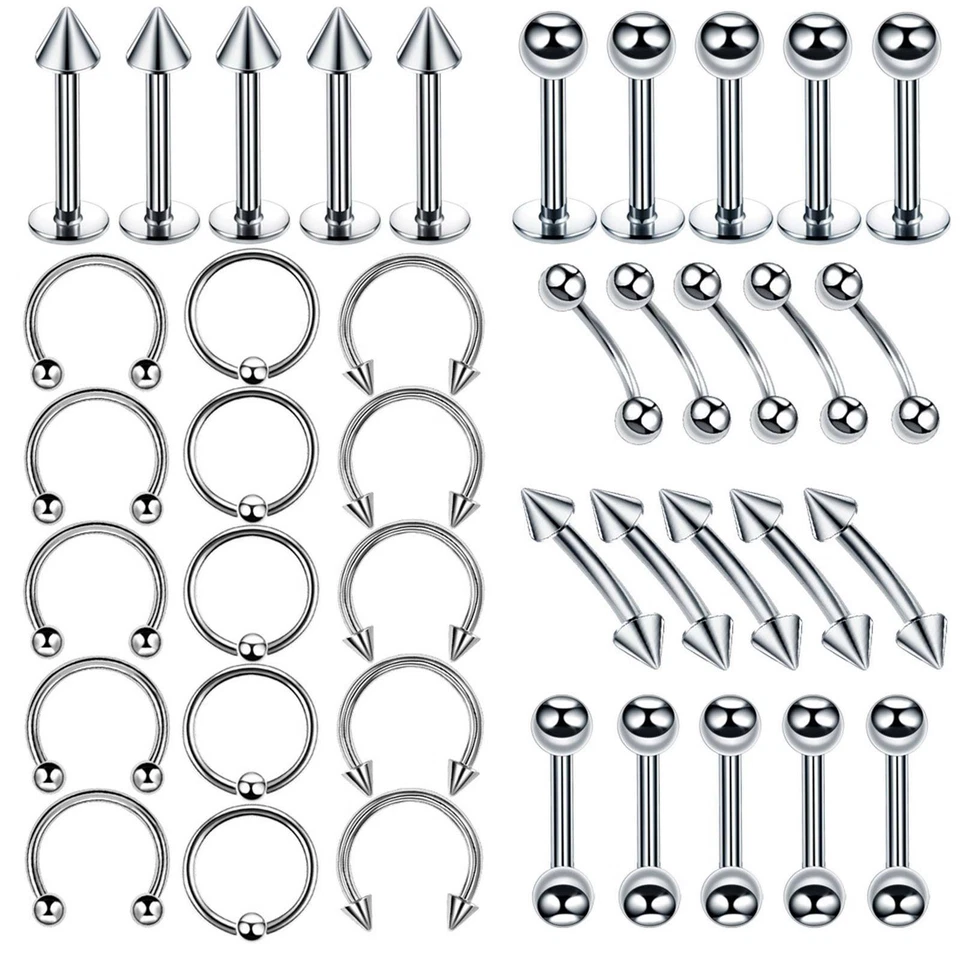 110PCS Mixed Body Piercing Kit Surgical Steel Tongue Eyebrow Nose Lip Ring 16G - Image 3 of 4