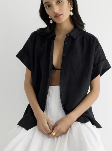 J.Crew XXS Relaxed-fit Short-sleeve Baird McNutt Irish Linen Shirt Black NWT