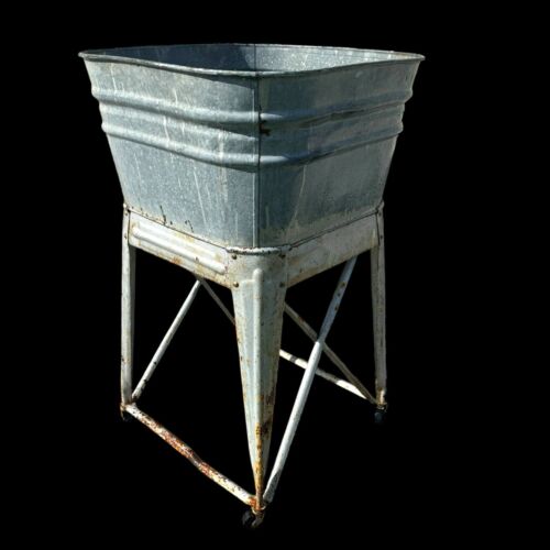 Vintage Basin Farm Wash Tub Wheeling Stand Galvanized Metal Stand Drain Planter - Picture 4 of 18