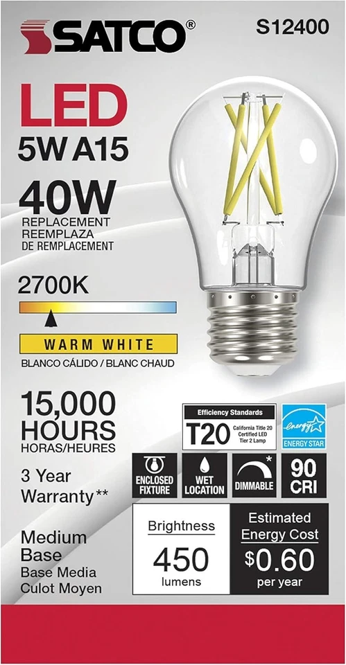 Satco S12400 - 5 Watt LED A15 Clear LED Bulbs - 2700K - 120 Volt (6 pack) - Image 2 of 4