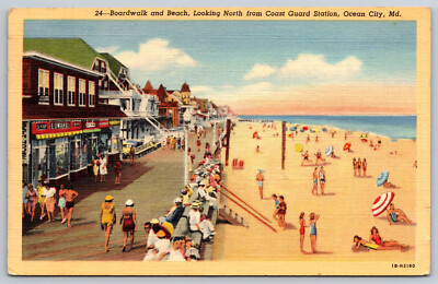 Postcard Boardwalk and Beach North from Coast Guard Station Ocean City, MD E11