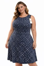 Michael Kors 1X Navy Floral Dress Sleeveless Fit Flare Midi Knee Length Boho NWT